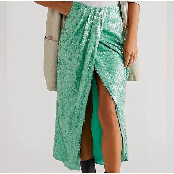 NWT Free People Poets Sequin Sarong Midi Skirt Size 10 Msrp $228